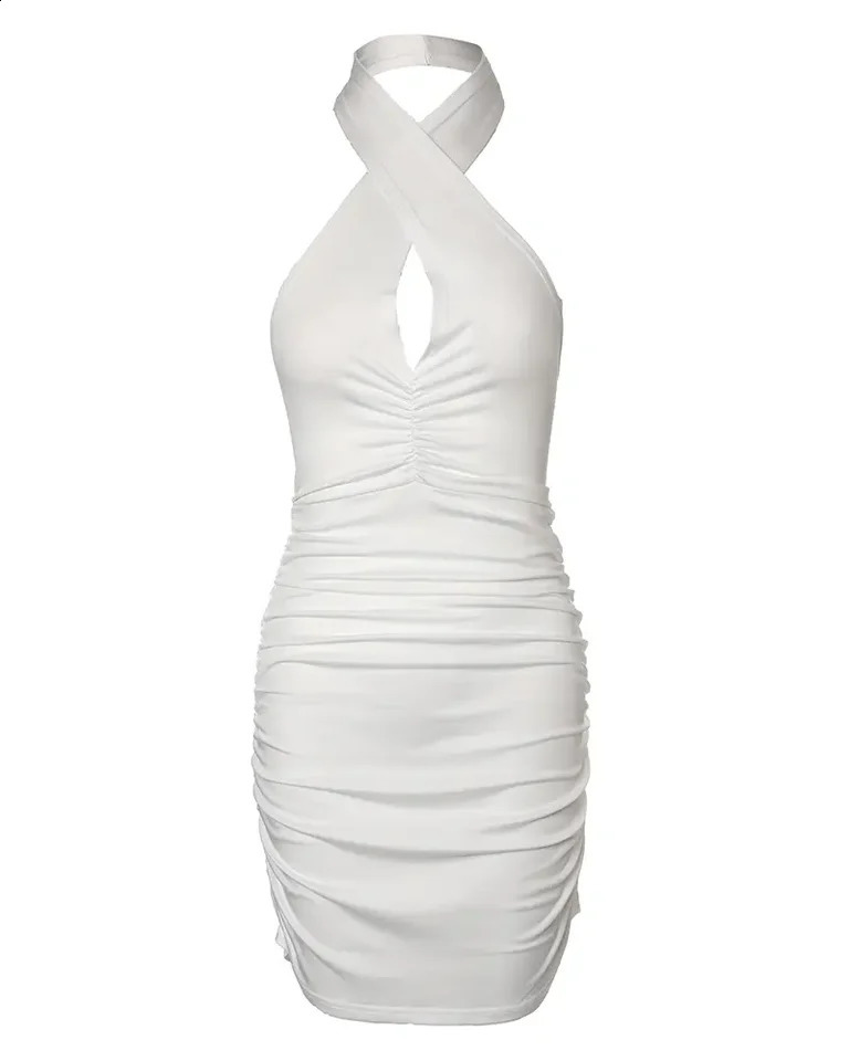 CHAXIAOA 1 Piece Summer Women Sexy Halter Sleeveless Ruched Bodycon Fashion Mini Dress 250206