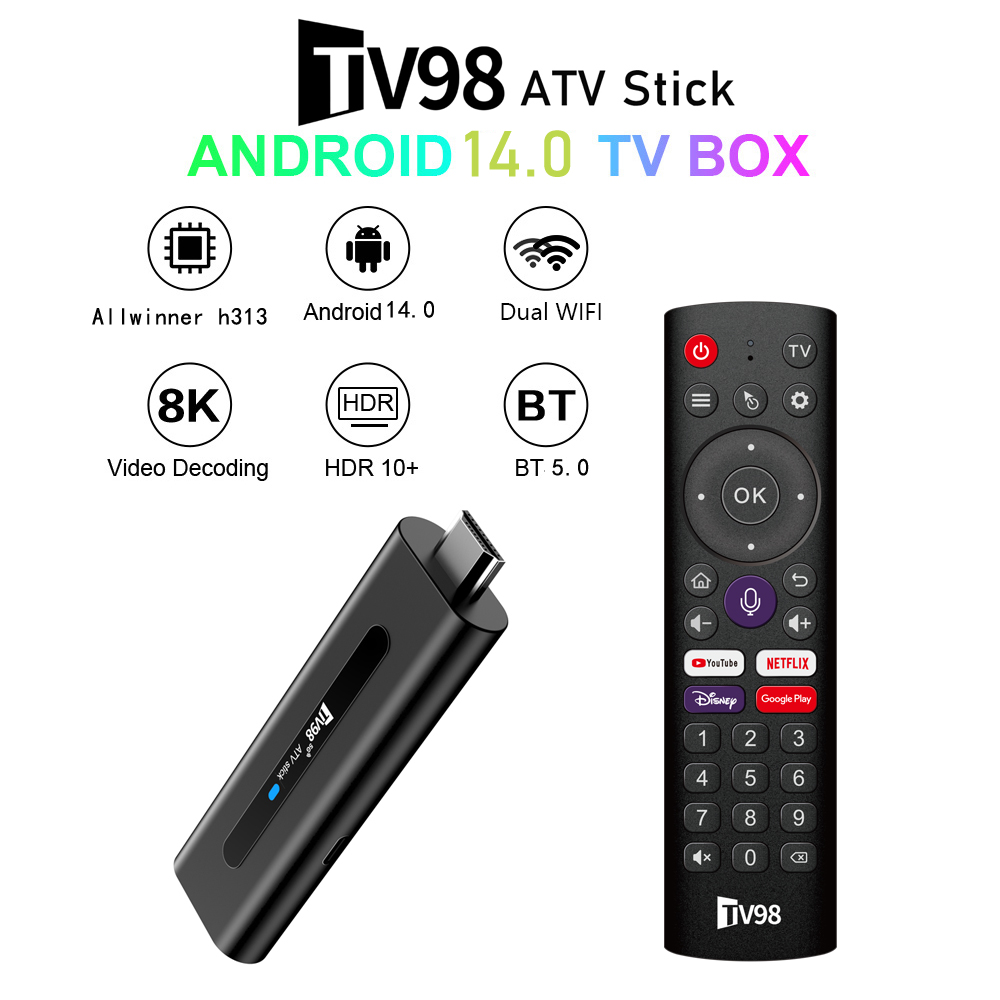 TV98 ATV Smart TV Stick Android 14 ATV Allwinner H313 Support 4G 5G Wifi HD 4K 8K TV Box BT5.0 2GB 16GB Voice remote TV Box