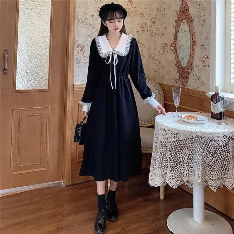 Vintage Shirt Dress Women Autumn Spring Long Sleeve Robe Kawaii Lolita Elegant Midi Dresses Korean Fashion Vestido 250206