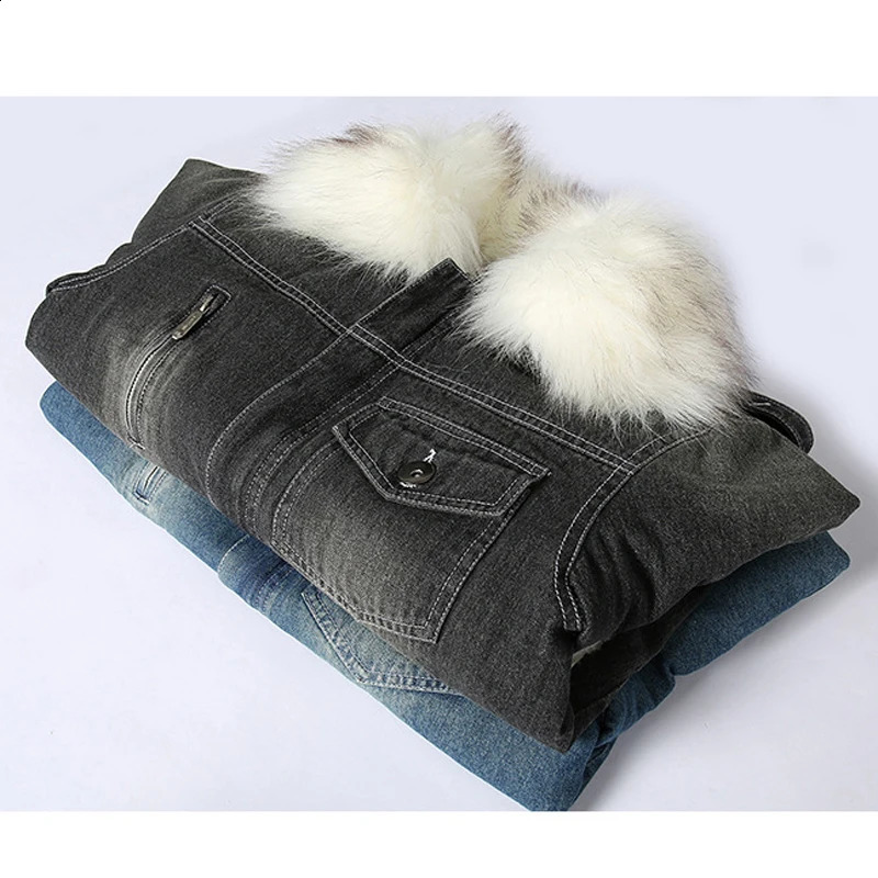Fur Collar Jackets Mens Winter Fleece Lined Jeans Jacket Demin Couple Jacket Motorcycle Cowboy Coat Outwear 5XL 6XL MY211 250206