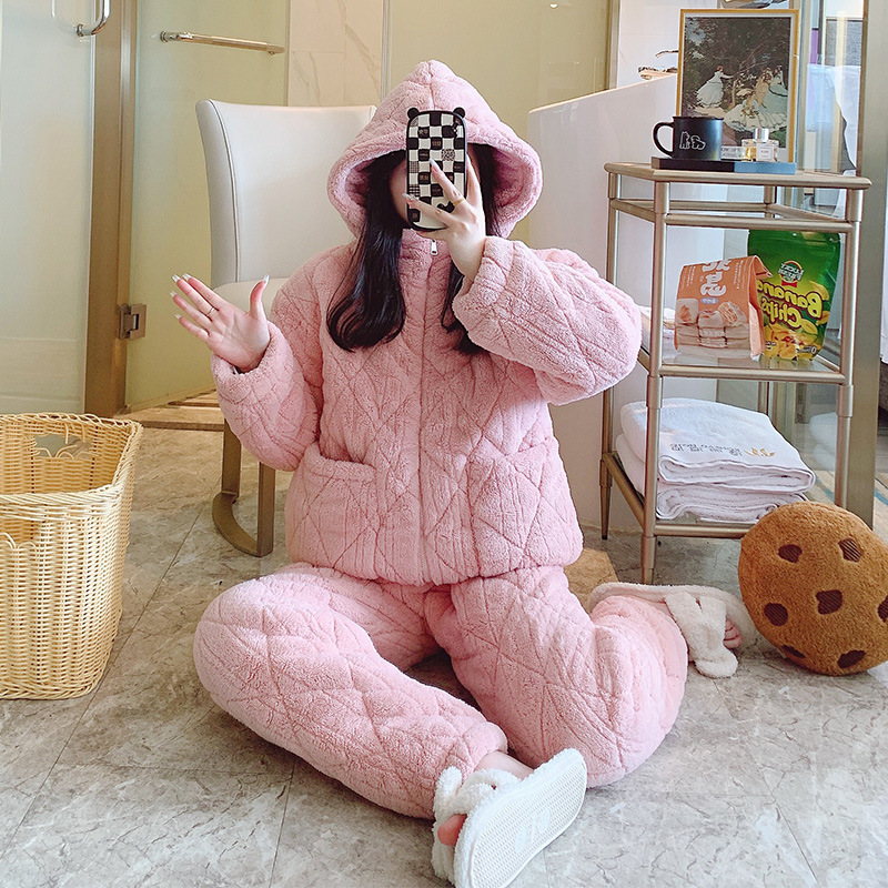 B577-Air cotton pajamas women autumn and winter interlayer thickened new simple plus size can be worn outside home clothes suit