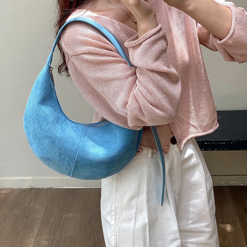 Vintage Faux Suede Halfmoon Women Shoulder Bags Simple Lady Handbags Autumn and Winter Hobos Bag Trend Underarm Bag 250206