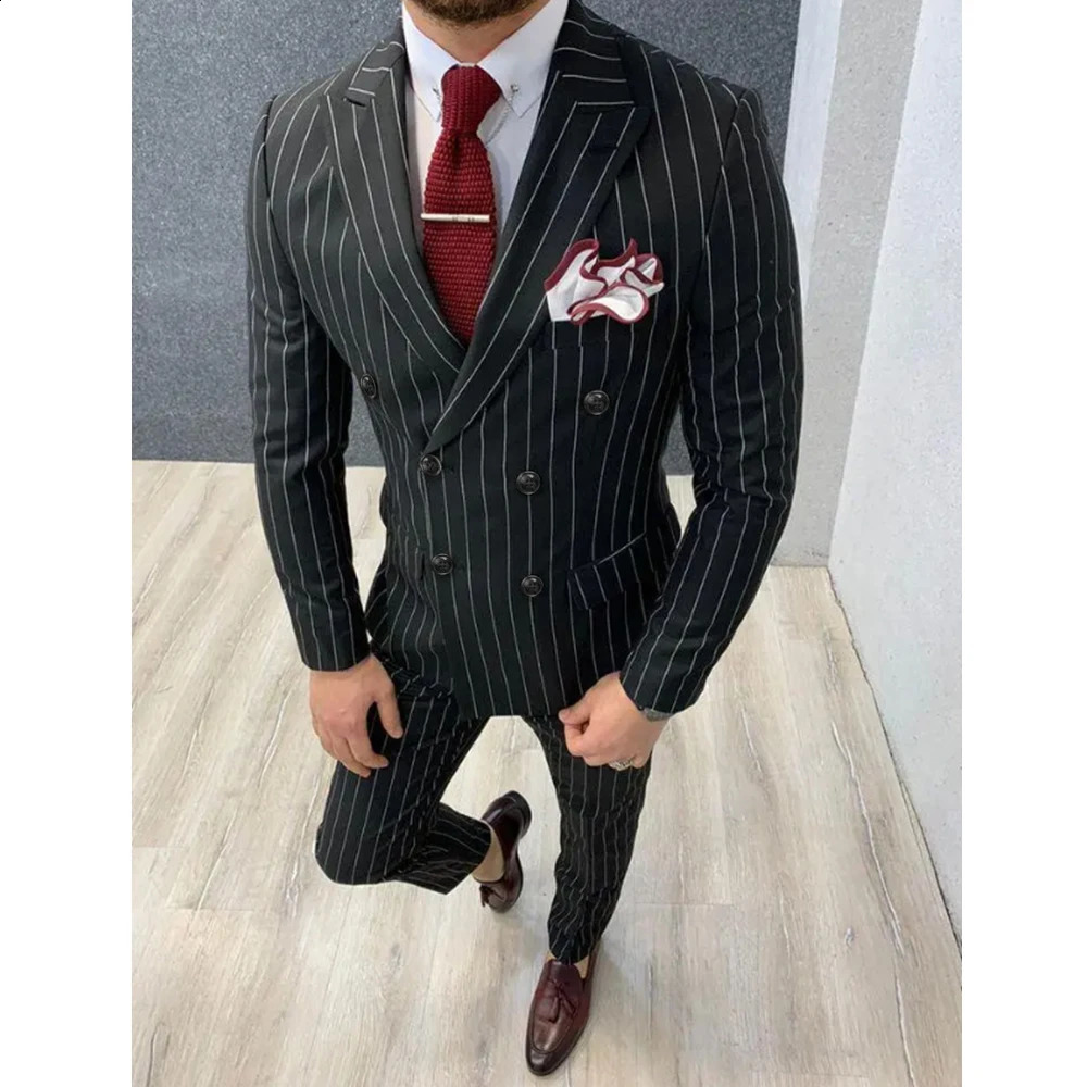 Elegant Striped Men Suits Chic Lapel Double Breasted Black Male Suit Slim Formal Groom Wedding Tuxedo 2 Piece 012D 250121