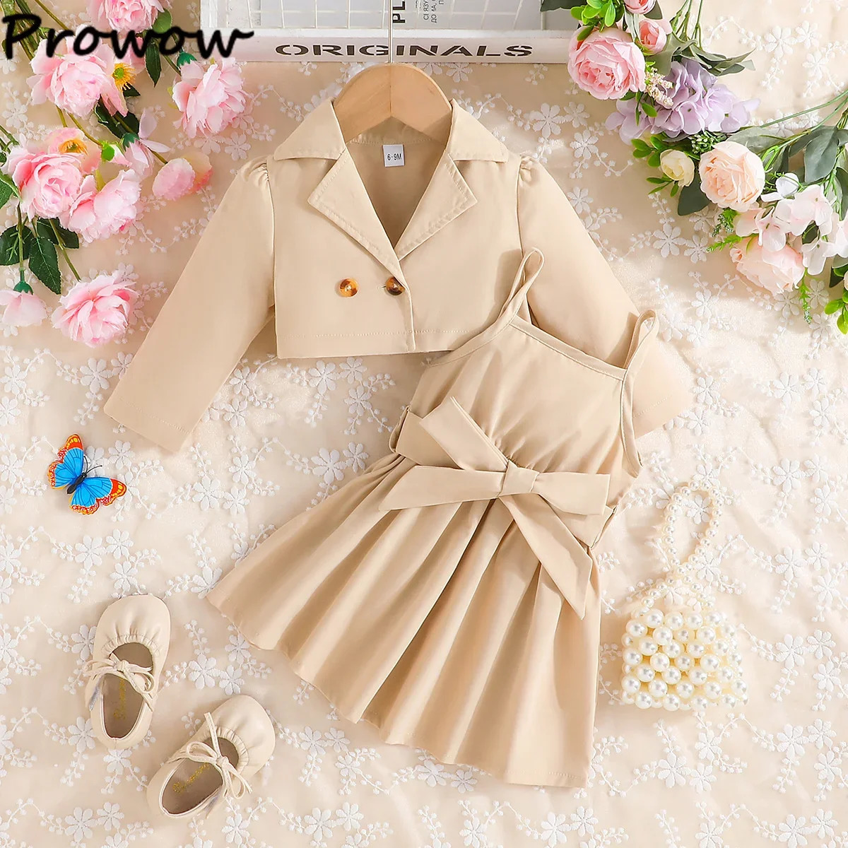 Prowow Baby Girls Clothes Fashion Lapel Blazer JacketBelted Dress For Girls Kids Dress Set 3pcs Toddler Baby Girl Outfit Sets 250206