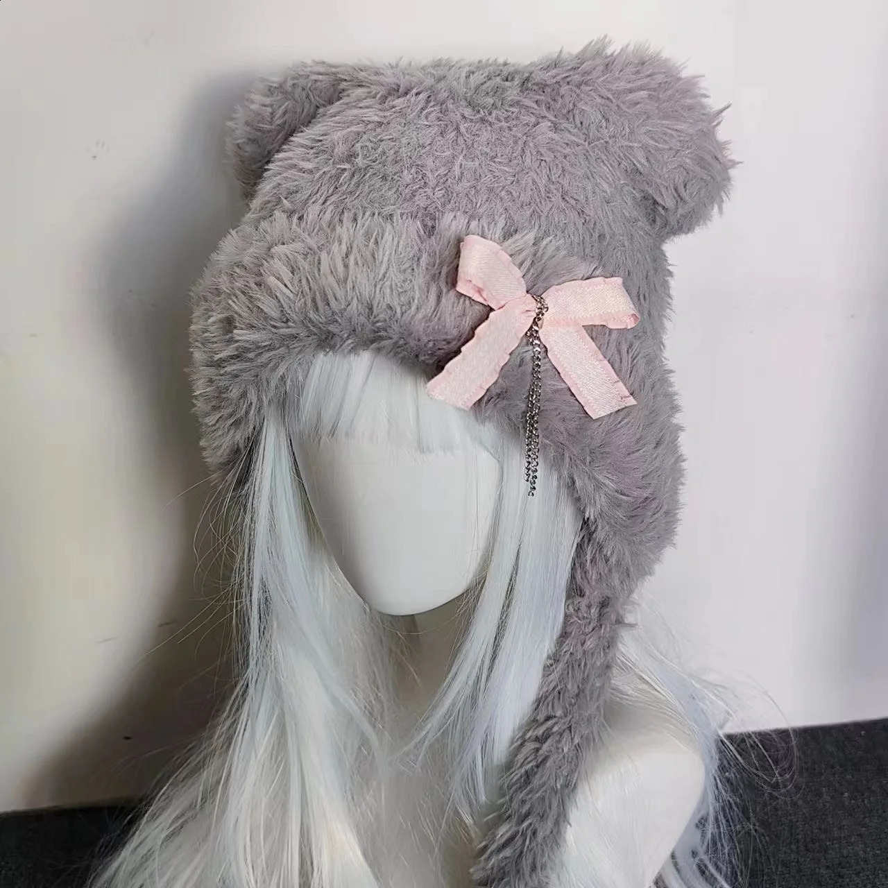 Harajuku Gothic Lolita Y2K Knitted Bear Ear Bowknot Chain Hat Women Punk er Winter Black Beanie Female Accessories Cap 250120