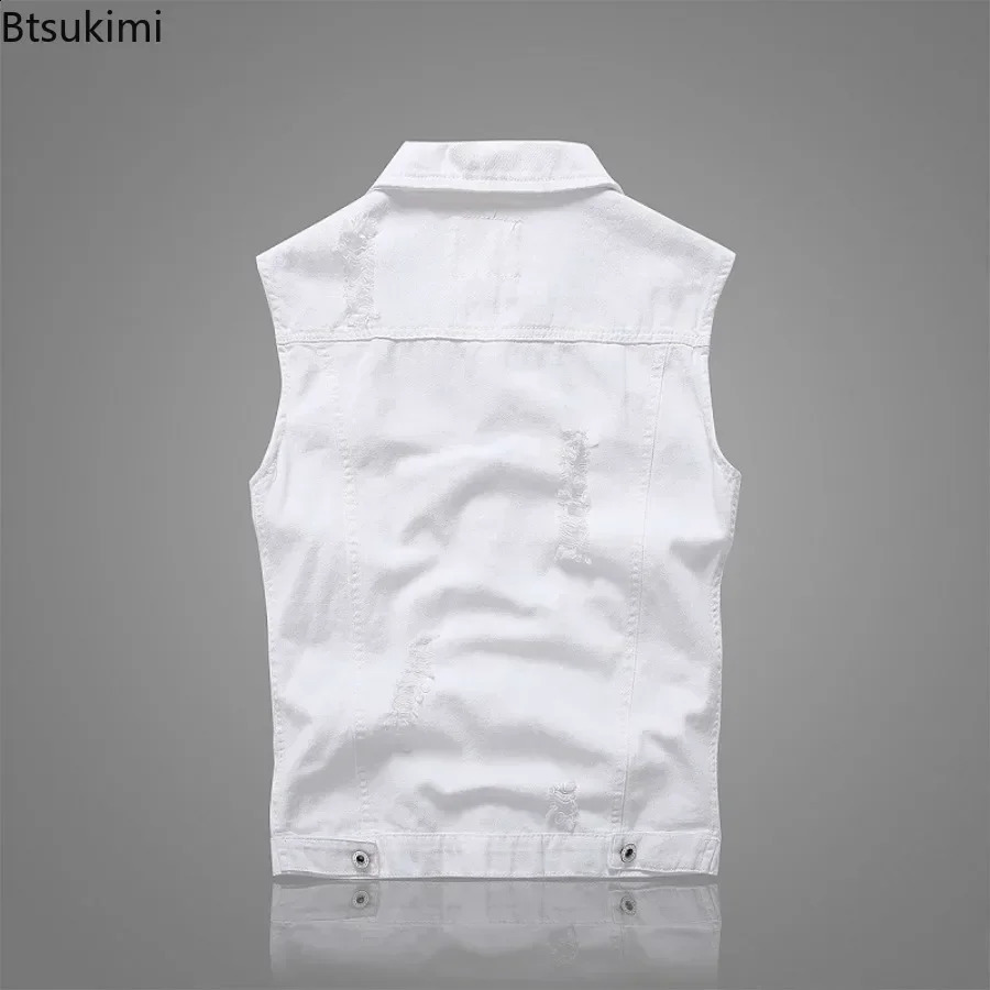 2025 Mens White Denim Vest Vintage Sleeveless Casual Pure Cotton Vest Jackets Washed Jeans Waistcoats Male Trend Streetwear 250206