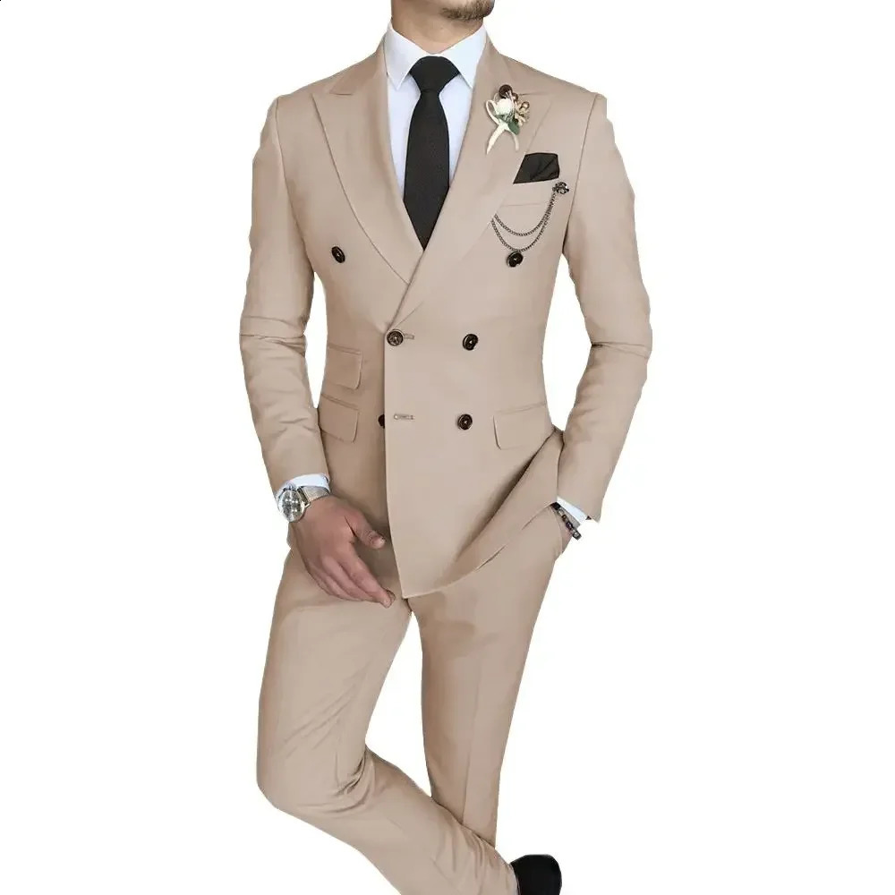 Mens Suit 2 Piece Double Breasted Lapel Jacket Business Casual Slim Fit Wedding For Men BlazerPants 250121