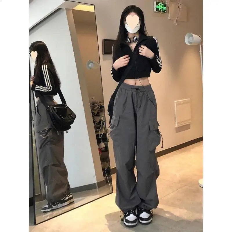 Women Big Pockets Cargo Pants Y2k High Elastic Waist Drawstring Baggy Trousers Vintage Casual Loose Side Zipper Straight Pants 250121
