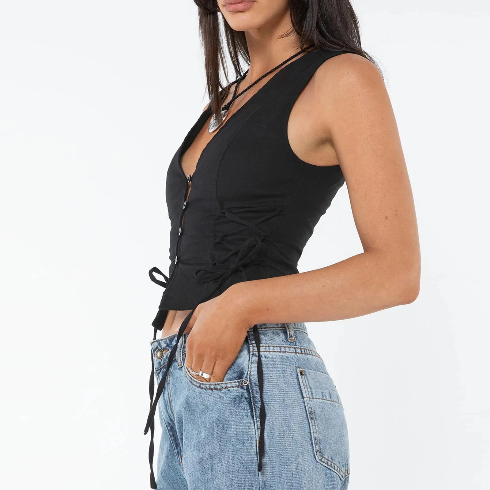 Summer Vintage Side Bandage Crop Tops Women Solid Color Button Up V Neck Sleeveless Vest Fashion Streetwear Fitted Tank Tops 250206