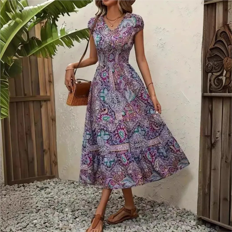 Summer Womens Short Sleeved Dress Long Vneck Cinched Waist Style French Temperament Bohemian Vacation Printed 250121