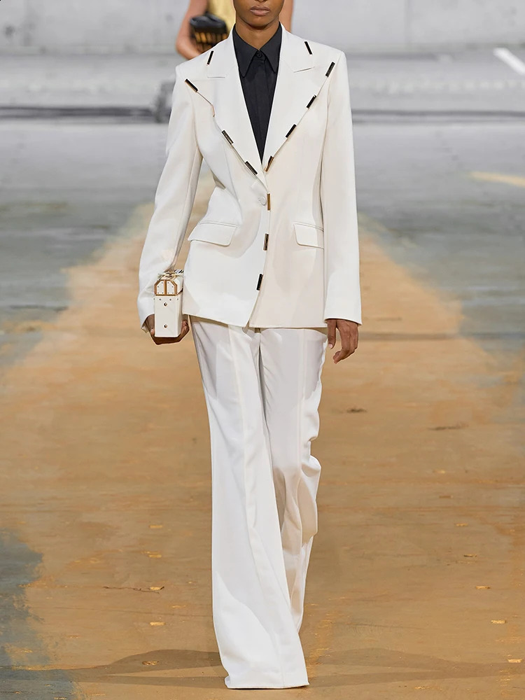 HIGH STREET est Runway Suit Set Womens Single Button Metal Block Blazer Flare Pants Set 250206