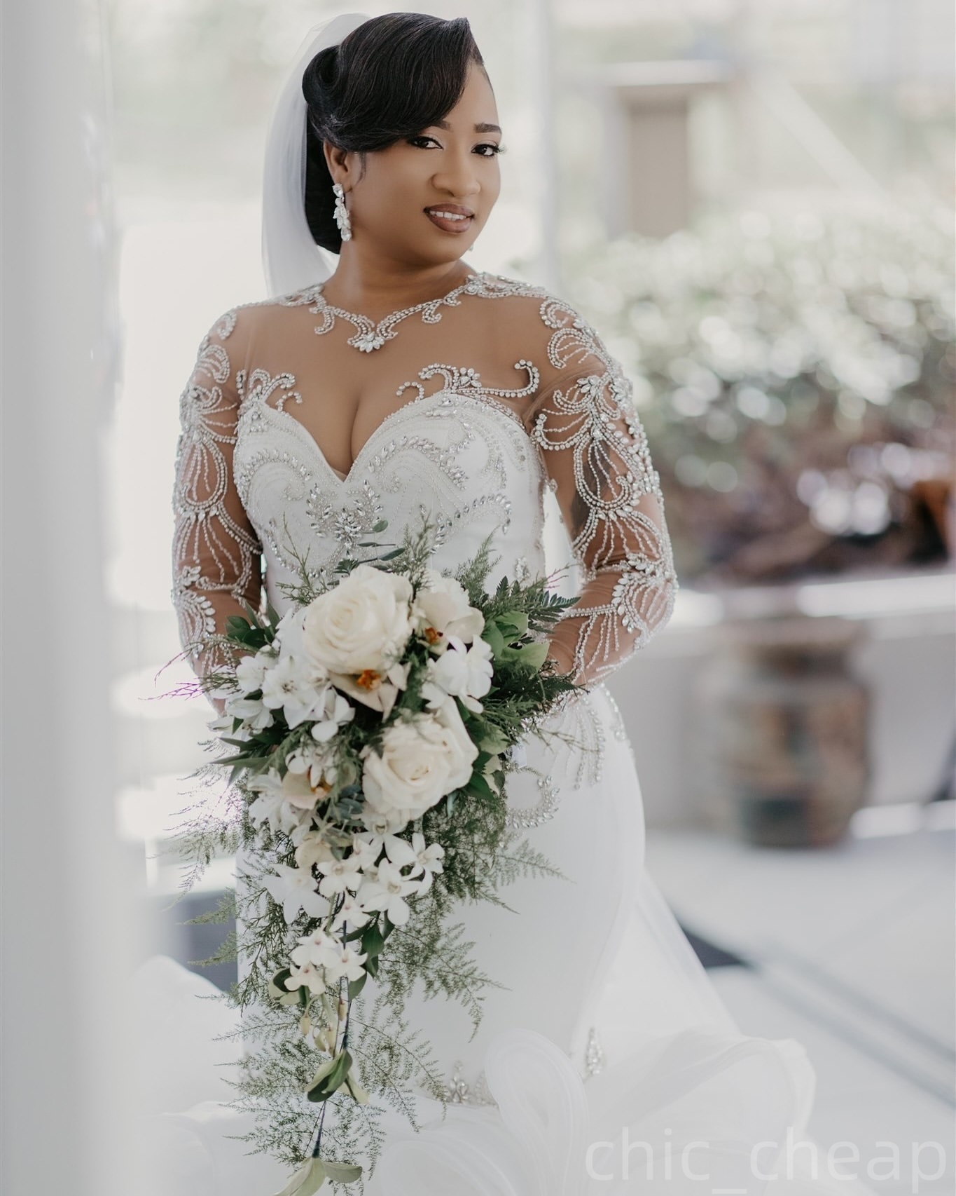 2025 Arabic Aso Ebi Plus Size Ivory Mermaid Wedding Dresses Beaded Crystals Organza Tiers Full Sleeves Bridal Gowns Dress For Bride ZJ077