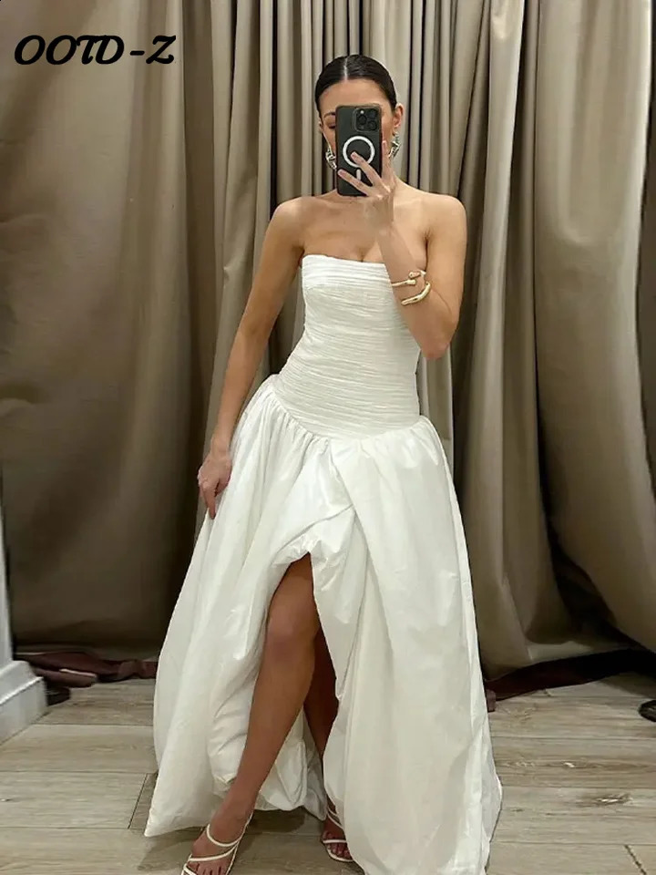 Sexy Strapless Big Swing Women Dress Print Backless A Line Lady Dresses Spring Summer Side Split Pleated Female Vestido 250206
