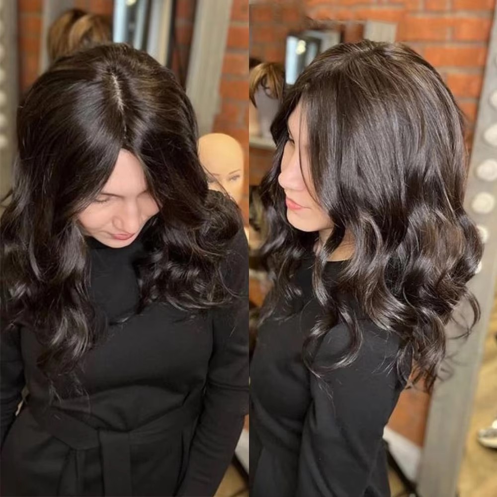 Dark Brown naturall black Wavy Human Hair Topper Silk Base Hand Made Human Hair Women Topper Natural Wavy Hair Pieces for Thinning Hair 15x16cm