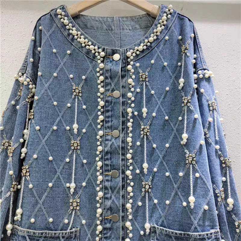 WTHT Trendy Womens Plaid Tassel Diamonds Denim Jacket 2025 Spring Fashion O-neck Long Sleeve Mid-length Coat Female 1LS709 250121