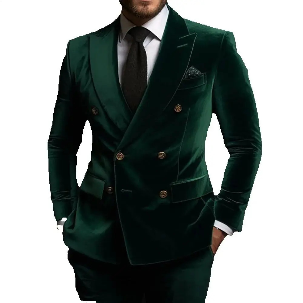 Green Velvet Men Suits Double Breasted Lapel Regular Length Flat Front Blazer High Quality 2 Piece Jacket Pants 2024 250121