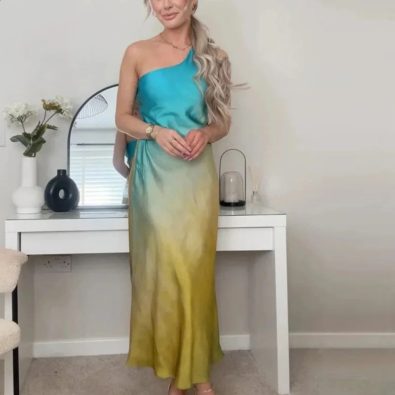 TRAF Tie Dye Satin Dress Women Asymmetric Off Shoulder Midi Dress Woman Summer Knot Backless Long Dresses Sleeveless Party Dress 250206
