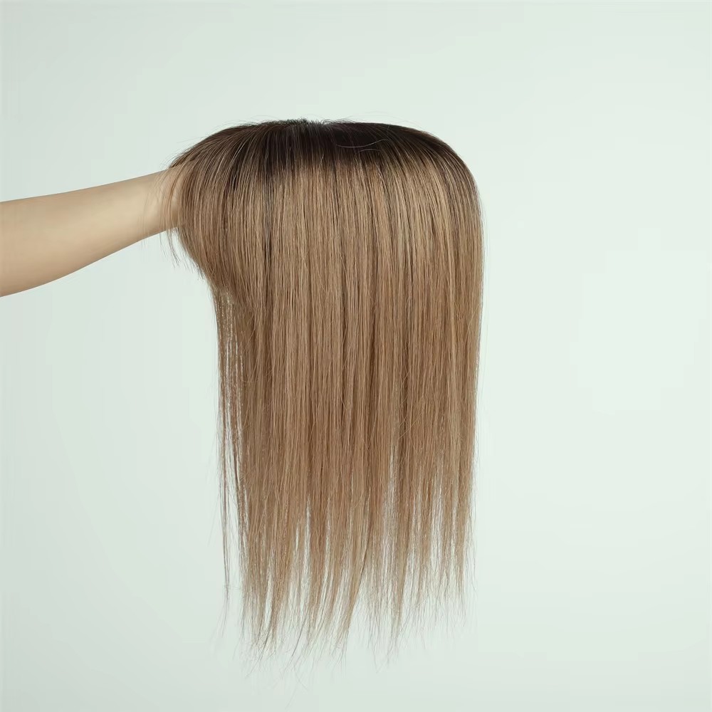 Straight Remy Human Hair Toppers Hair Pieces For Women dark roots Light Brown Women Topper with Bang Silk Base Clip In Topper For Thinning Hair 3x5&qu