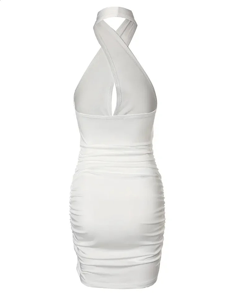 CHAXIAOA 1 Piece Summer Women Sexy Halter Sleeveless Ruched Bodycon Fashion Mini Dress 250206