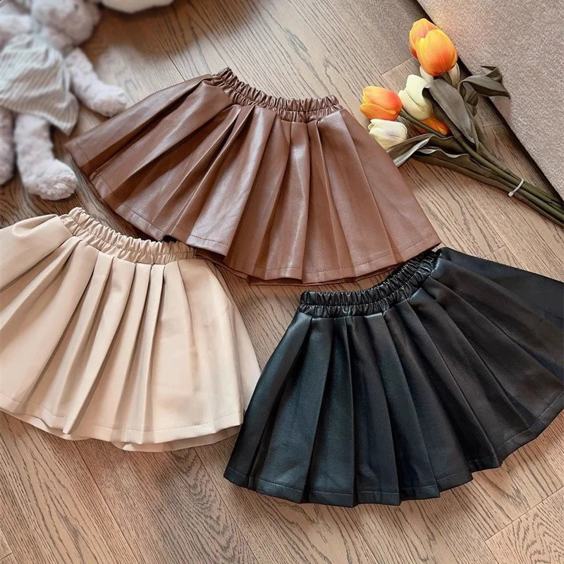 2-10 Years Baby Toddler PU Pleated Children School Girls Fall Winter Plush Skirt Pleated Skirts For Kids Children Clothes 250206