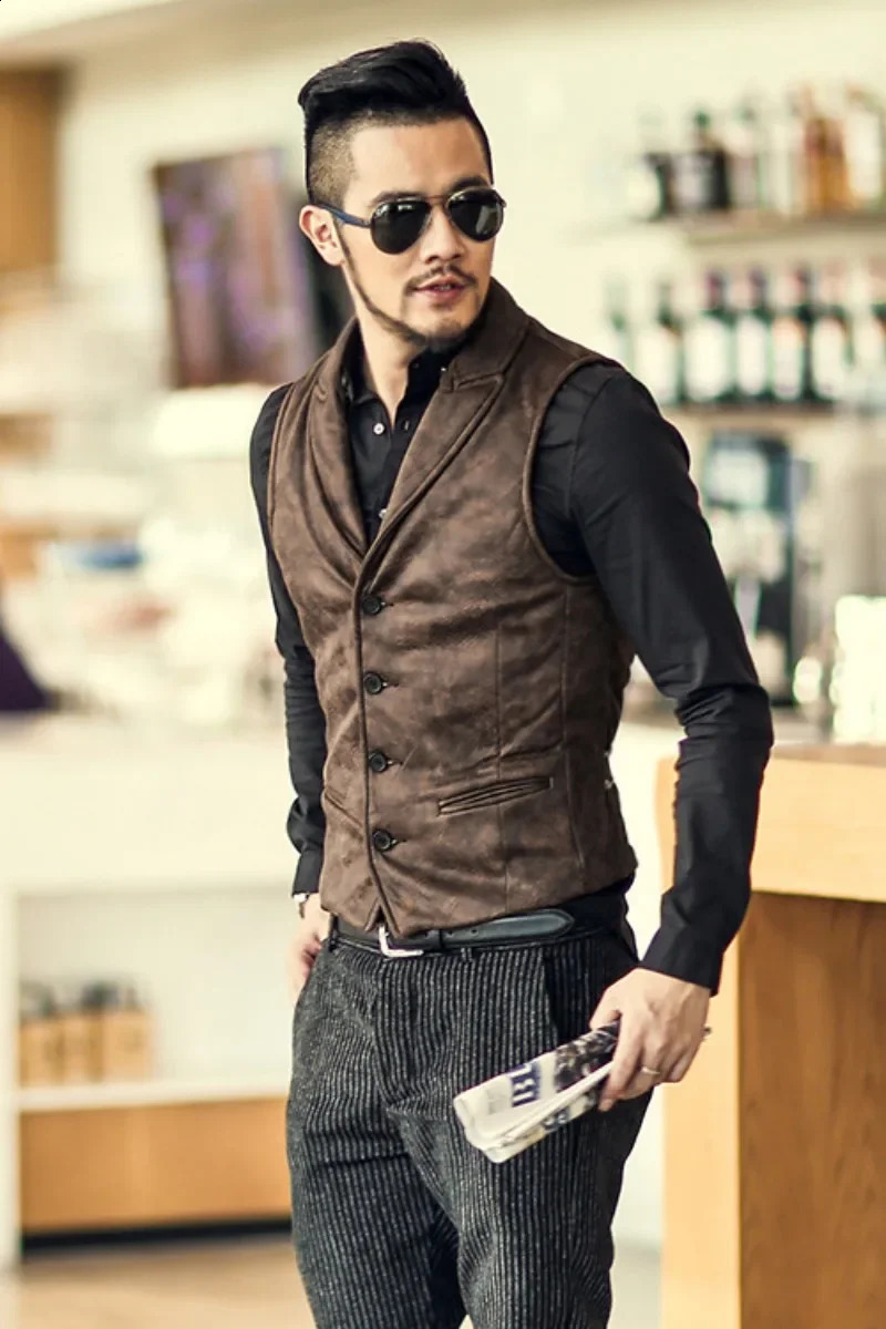 Retro Suede Vest Men Vintage Style Slim Fit Autumn Winter Mens Sleeveless Jacket V Neck Warm Waistcoat 250206