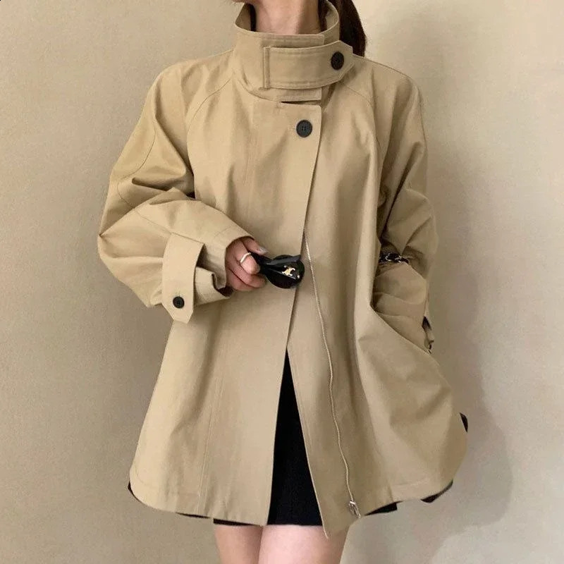 2025 Womens Trench Jacket Korean Vintage Niche Stand Collar Two-button Loose Casual Long Sleeve Trench Jacket Female 250118