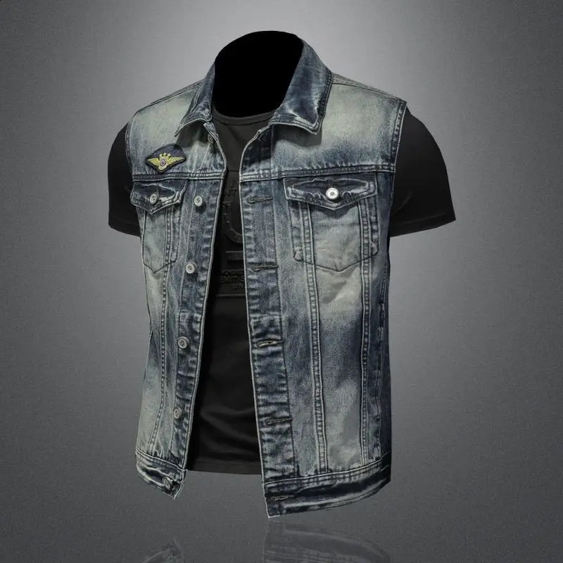 Mens Retro Denim Vest High Street Fashion Slim Fit Handsome Motorcycle Vest Casual Versatile Denim Jacket Mens Clothing 250206
