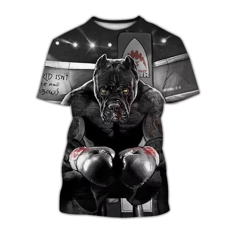 Dog Boxing Champion Print T-shirt Funny Men T-shirt Street Retro Personality Short Sleeve T Shirts 2025 Summer Gym Fitness Tee