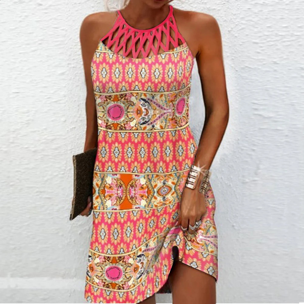 Womens Halter Sleeveless Boho Midi Dress Ladies Summer Holiday Casual Sundress Plus Size Clothing L-3XL 250206