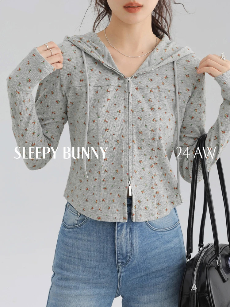 Vintage Floral Double Zipper HoodieWomen Slim Fit Casual Long Sleeve SweatshirtKorean Style Soft Cozy 2025 Autumn Fashion 250206