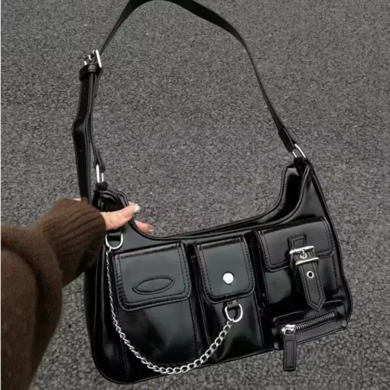 Y2k Korean Women Haruku Vintage Gothic Black Hand Bag Aesthetic Elegant Punk Wallet Purse Handbags Shoulder Trend Tote Bags PU Lolita Style