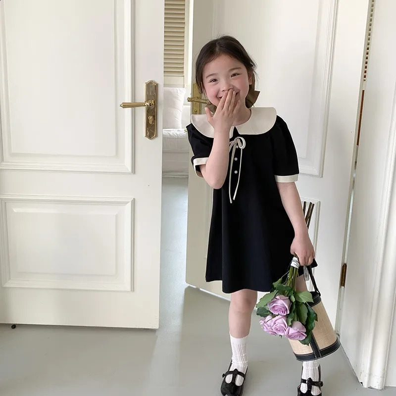 Girls Summer Dresses Children Temperament Princess Gown Teenager Fashion Bow Vestidos Kids Peter Pan Collar Clothing 250114
