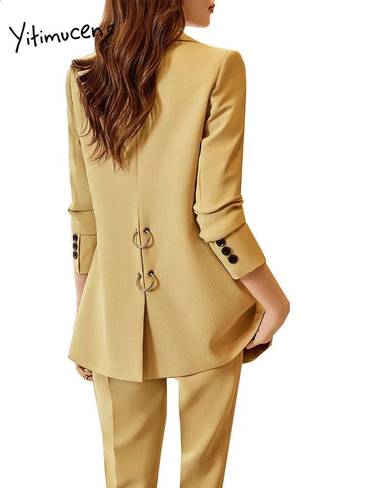 Yitimuceng White Suits for Women Fashion Office Lady Turn Down Collar Single Breasted Blazer High Waisted Pant Suits Sets 250206