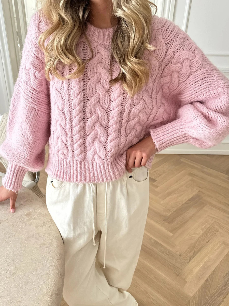 Womens Y2K Cable Knit Sweaters Chunky Long Sleeve Crewneck Cropped Pullover Sweater Tops Warm Jumper Tops Knitwear 250206
