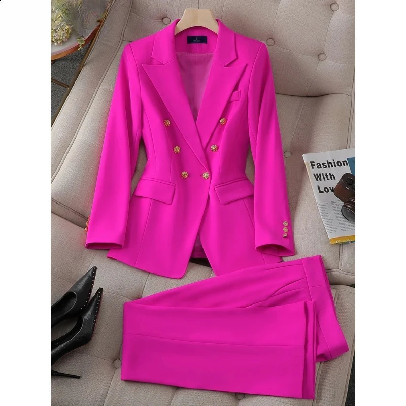 Button Decoration Formal Jacket Blazer and Trouser 2 Piece Set Fashion Pink Green Black Ladies Work Wear Pant Suit Women 250206