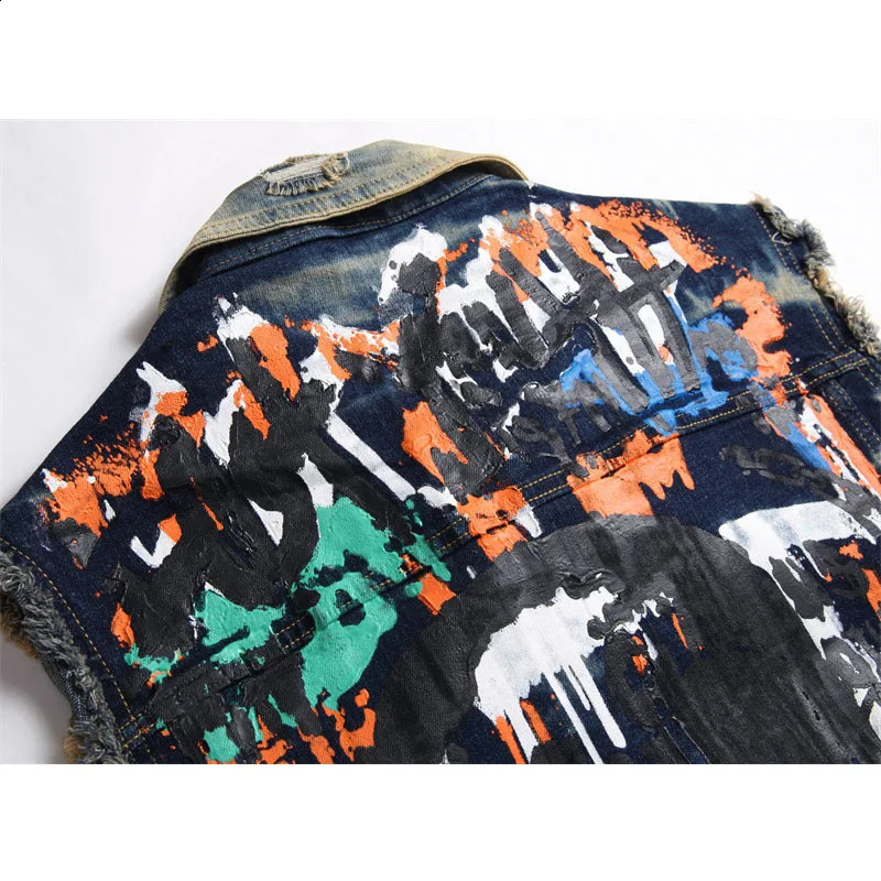 Embroidery Graffiti Denim Vests Mens Punk Denim Waistcoat Sleeveless Outerwear Youth Yashion Jeans Vests Cardigan 250206