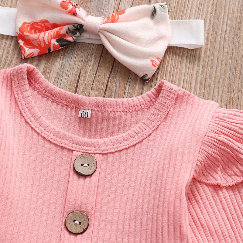 Spring born Baby Girl Clothes Set Cute Pink Color Long Sleevs Tops Flower Pants Headband 0-24M 3Pcs Infant Girl Clothing Suit 250206