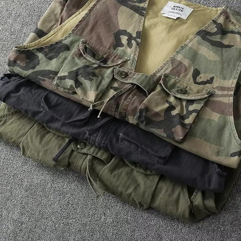 Gmiixder American Multi-pocket Retro Work Vest Men Korean Cargo Waistcoat Outdoor Canvas Trend Vest Motorcycle Jacket 250206
