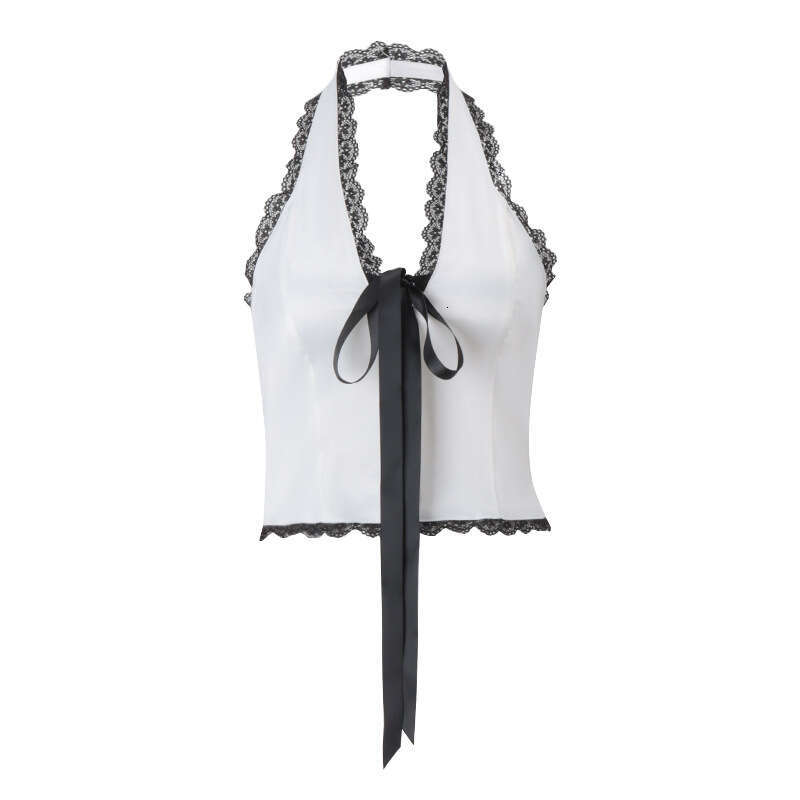 2025 Summer Product Sexy Pure Desire Mint Manwave Lace Bow Strap Hanging Neck Tank Top New Style Unique and Elegant Clothing