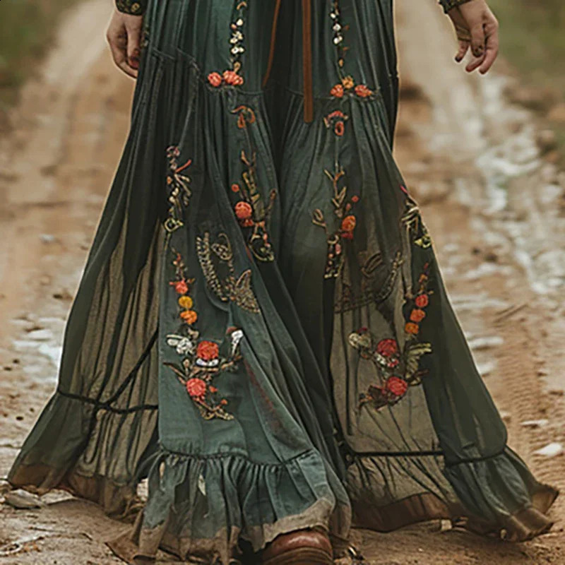 Ethnic Retro Floral Print Pleated Long Dress Spring Sexy Shirt Collar Buttons Women Party Dress Fall Long Sleeve Bohe Maxi Dress 250206