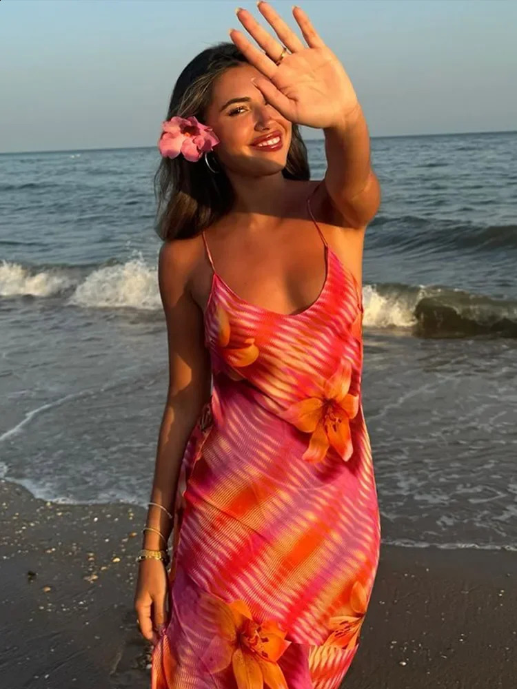 Chic Backless Ruffles Printed Sleeveless V Neck Beach Dress Women Fashion Flower Midi Dresses 2025 Summer Vocation Lady Robe 250206