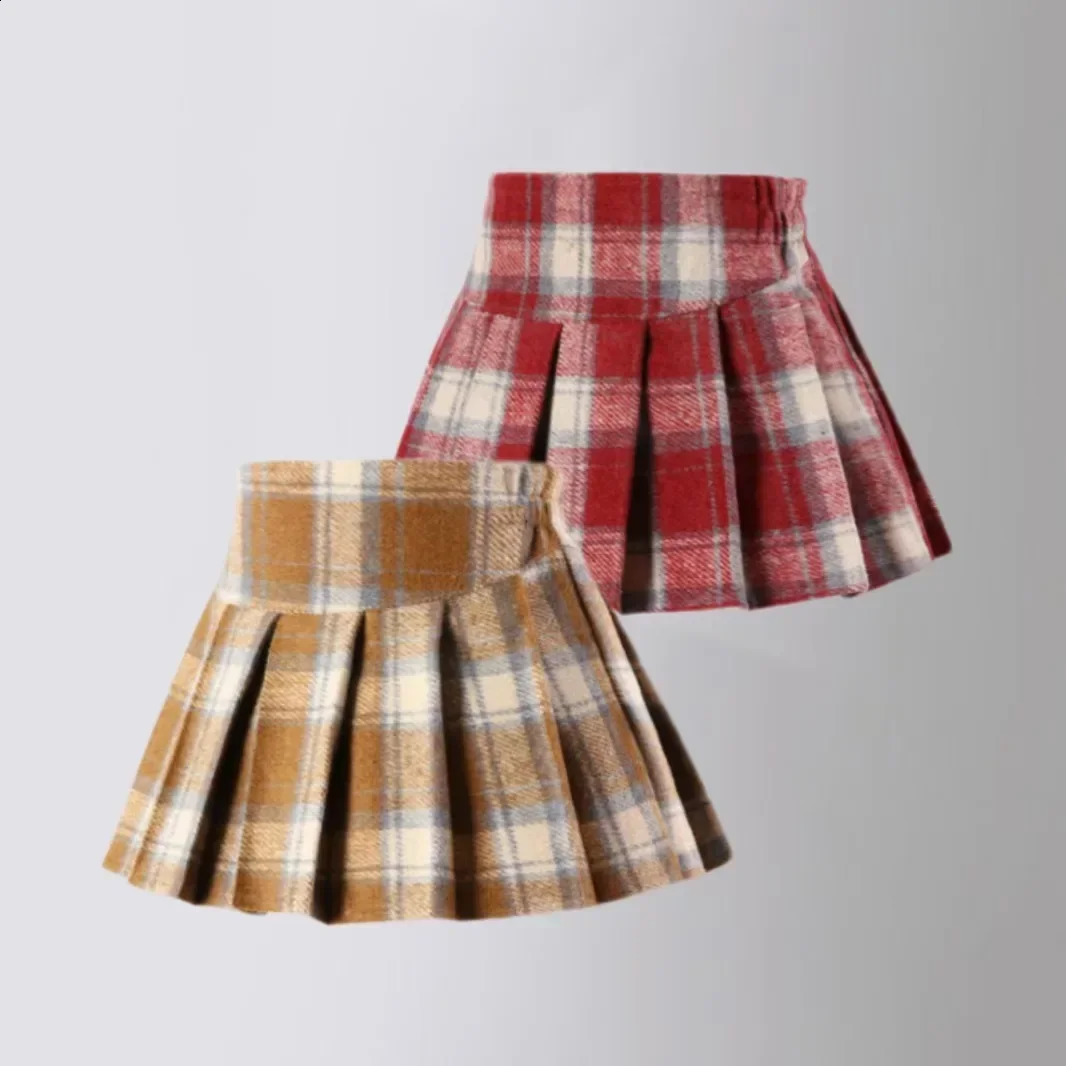 Girls Woolen Plaid Skirt Autumn Winter Thicken Warm A-line Short Skirt College Style Red Year Christmas Costume Kids Clothes 250206