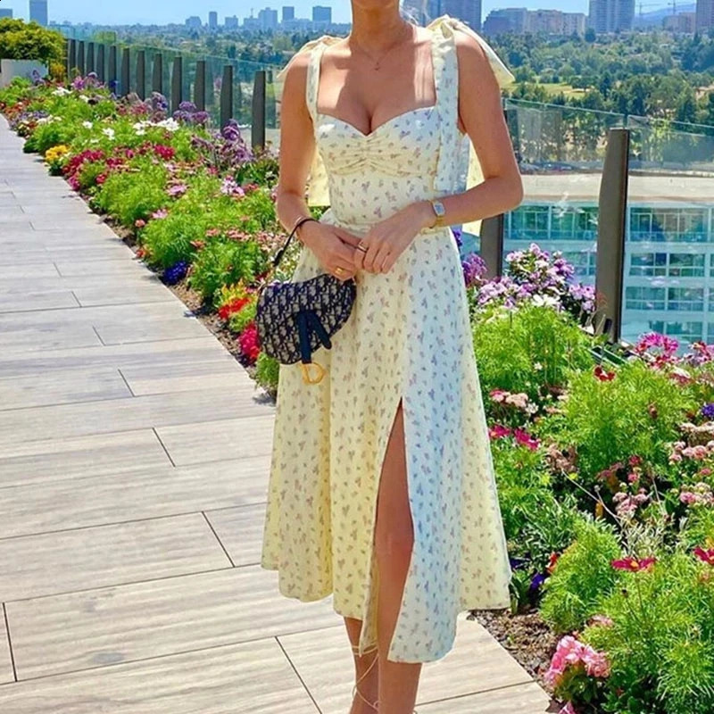 Sundress Midi Slip Backless Pleated Slit White Yellow Lace-up Flowers Ummer Spring Floral Dress Womens Sexy Casual Fashion 250206