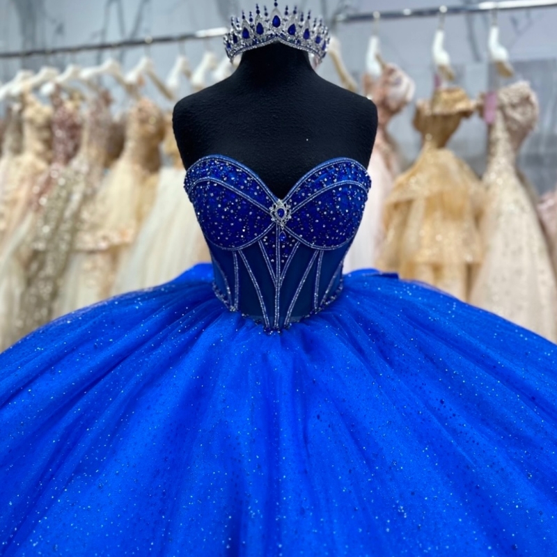 Royal Blue Quinceanera Dresses Ball Gown Off The Shoulder Beads Crystal Bow Tull Party Birthday Sweet 16 Dress Vestidos 15 anos