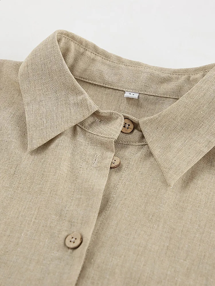 Women Casual Cotton Linen Lapel Shirt Tops Set Elegant Single Breasted High Waist Straight Pants Suits Lady 2025 Streetwear 250107
