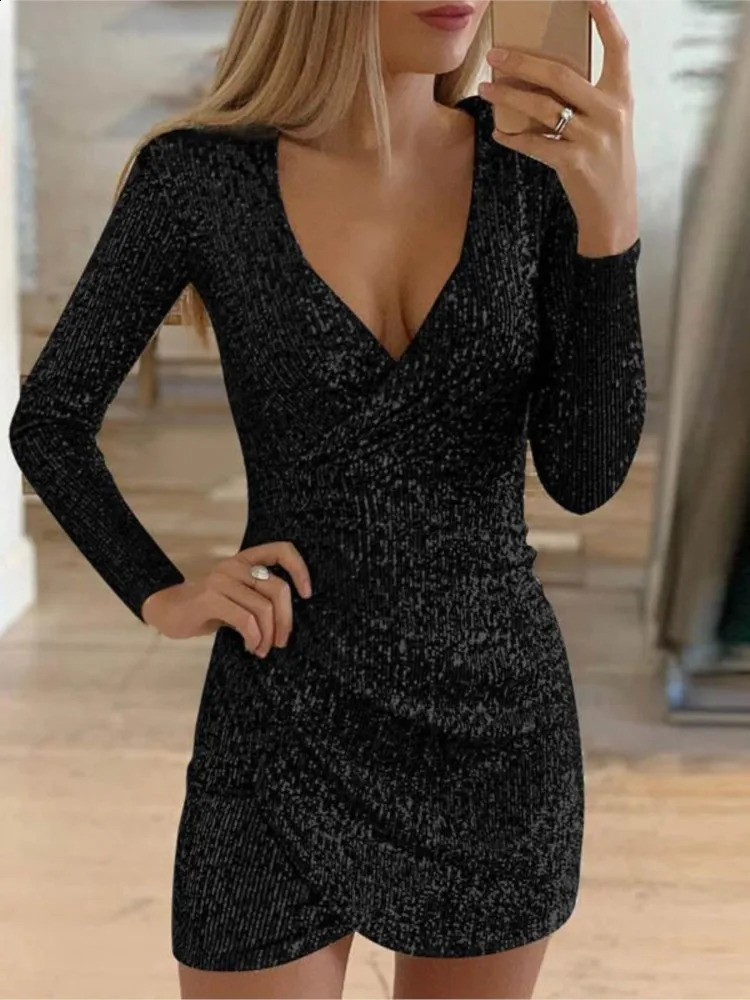 Dresses For Women 2025 Sexy Deep V-Neck Silver Sequin Mini Bodycon Dress Spring Autumn Long Sleeve Party Dress Female 250206