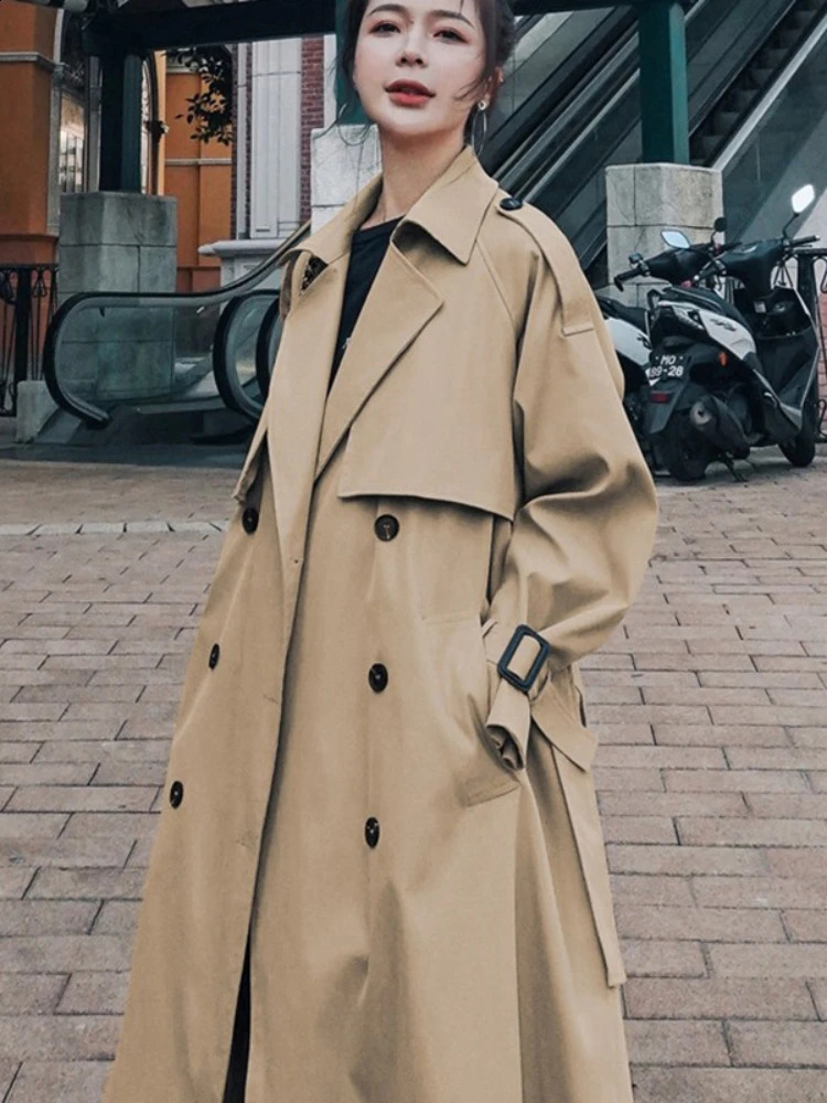 Spring and autumn khaki trench coat suitable for elegant women Korean loose coat casual streetwear windproof 250118