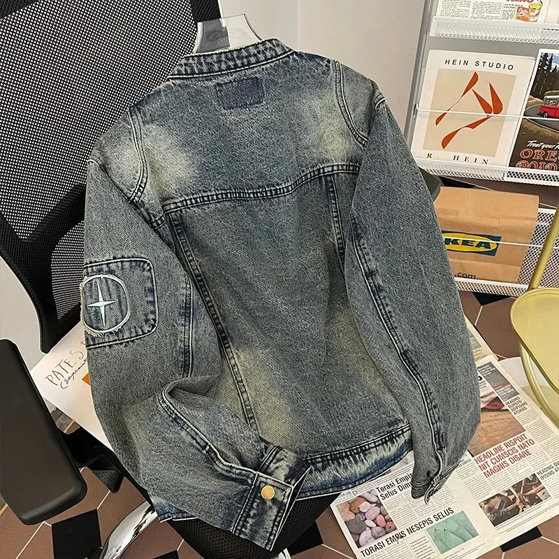Vintage Embroidery Washed Denim Jacket For Men Loose Hip Hop High Street Retro Jean Jackets Cargo Coat Man Clothing Streetwear 250206