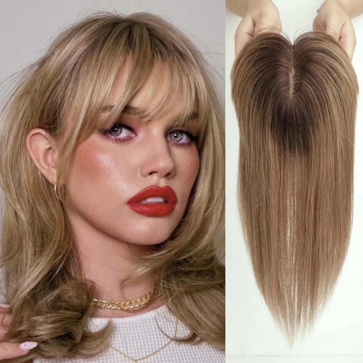 Straight Ombre Brown 100% Remy Human Hair Toppers hairpiece with Bangs Silk Base Clip Pieces for Women Topper Hair in Hair Extension 3x5"