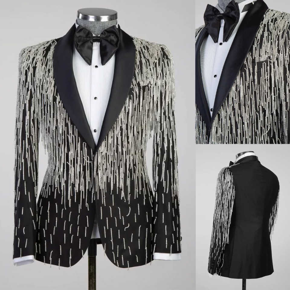 Amazing Wedding Tuxedos Beading One Button Men Suit Shawl Lapel 1 Piece Set Jacket Celebrate Groom Blazers Customized